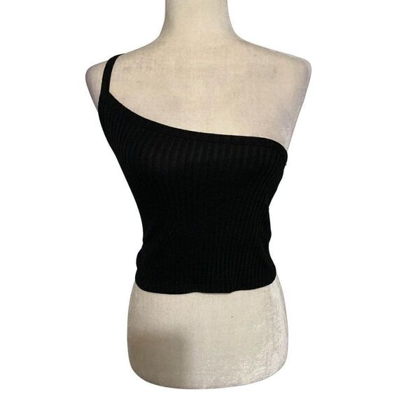 zara womens solid black ribbed cold shoulder tank top small - Picture 1 of 4